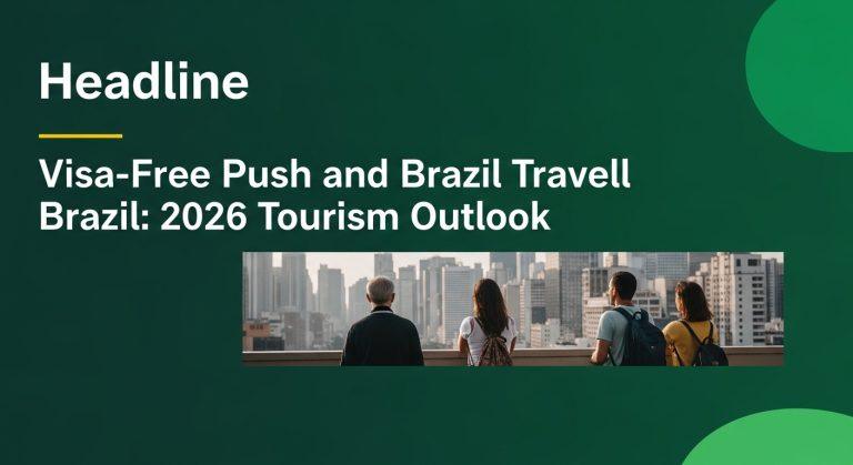 Aerial view of Brazil's coastline and Amazon region with travel icons illustrating visa-free travel growth.