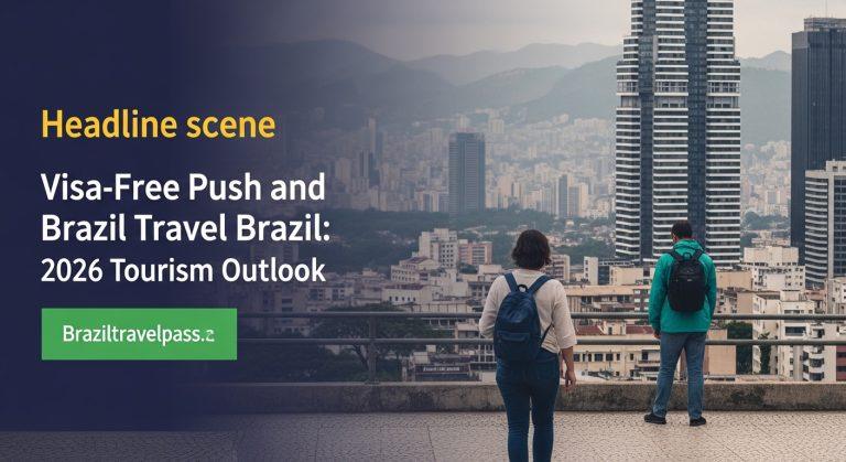 Aerial view of Brazil's coastline and Amazon region with travel icons illustrating visa-free travel growth.