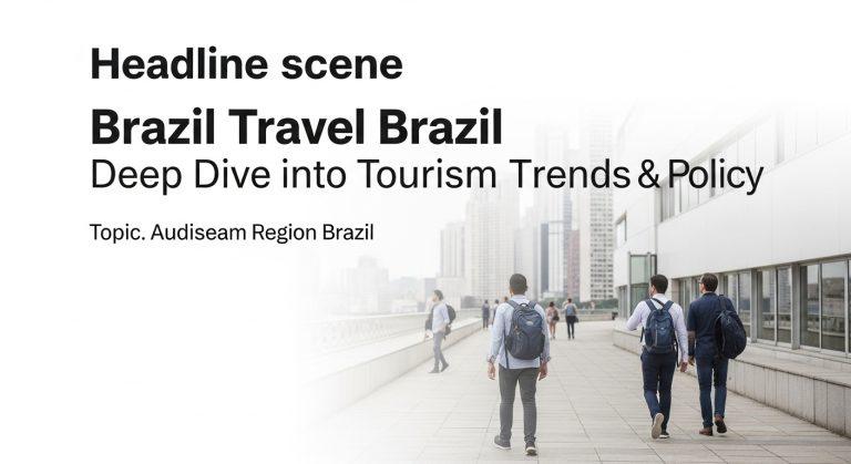 Diverse travelers at a Brazilian airport with a coastal city in the background.