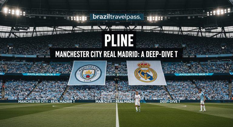 Fans outside a European stadium during a Manchester City - Real Madrid match, with travel imagery and Brazilian accessib