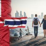 Travel collage featuring Mexico, Denmark, and Thailand landmarks with Brazilian tourists in the foreground.