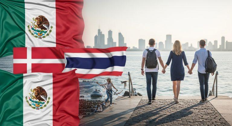 Travel collage featuring Mexico, Denmark, and Thailand landmarks with Brazilian tourists in the foreground.