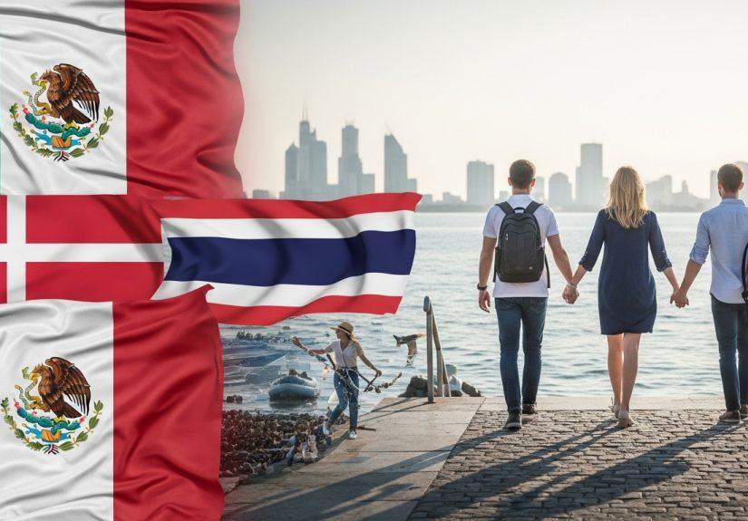 Travel collage featuring Mexico, Denmark, and Thailand landmarks with Brazilian tourists in the foreground.