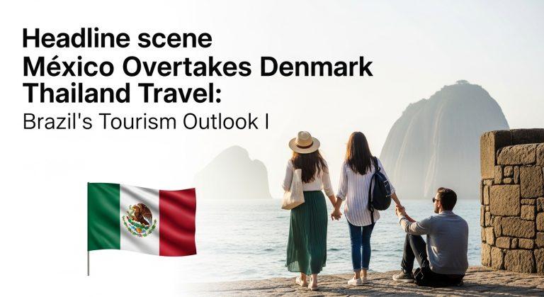 Editorial travel graphic illustrating Mexico's tourism growth surpassing Denmark and Thailand, with Brazil in focus.