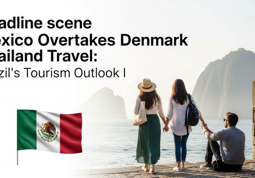 Editorial travel graphic illustrating Mexico's tourism growth surpassing Denmark and Thailand, with Brazil in focus.